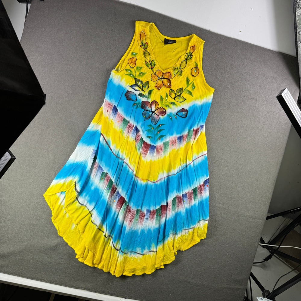 Ocean Breeze Dress Tie Dye Beach Resort Rayon Floral Sequin Sleeveless OSFA - Picture 7 of 10